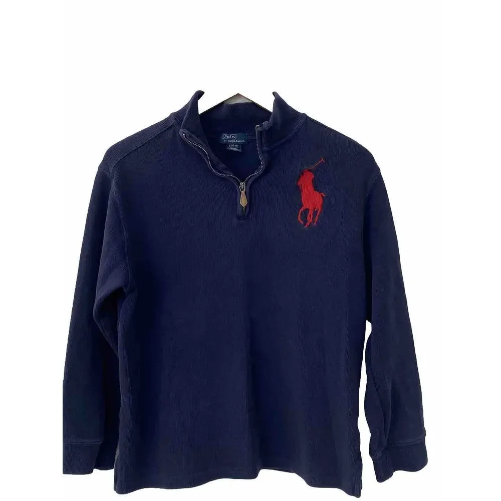 VINTAGE RALPH LAUREN POLO Navy Blue Ribbed knit Sweater Big Pony Kids L 14-16‎